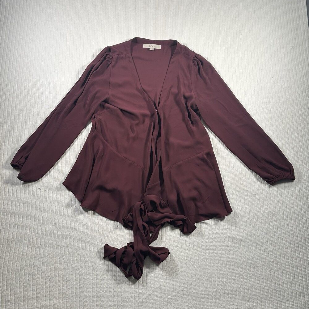 LOFT Womens Medium Burgundy Blouse Tie Front Long Sleeve Peplum Top